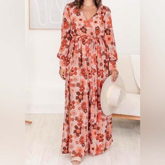 Pink Lily Dress Womens Faux Wrap Slit Maxi Long Sleeve 70s Retro Floral - Picture 1 of 6